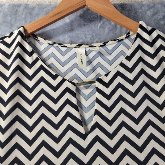 Tacera Womens L Chevron Print‎ Short Sleeve Shift Dress Cream Black Retro Casual - Picture 6 of 11